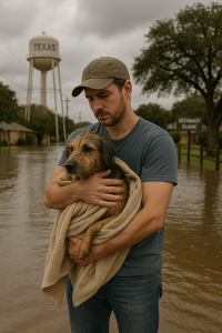 A concerned man in casual clothes cradles a wet, medium-sized dog wrapped in a towel while standing on a flooded street in a small Texas town. Behind them, cloudy skies loom, and a water tower labeled "TEXAS" is visible, along with a veterinary clinic sign, oak trees, and partially submerged homes, emphasizing the aftermath of recent flooding.